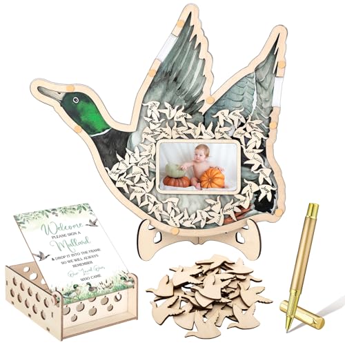 Image of Wenqik 63 Pcs Mallard Duck Baby Shower Guest Book Alternatives Set Baby Shower Decorations with Photo Frame Sonogram Frame Keepsake 60 Wood Slices Guest Book for Birthday