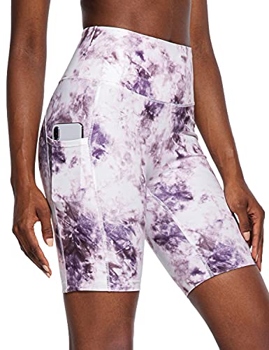 BALEAF Women s 8  Yoga Biker Shorts High Waisted Printed Workout Athletic Pocketed Pattern Shorts Purple Smoke M