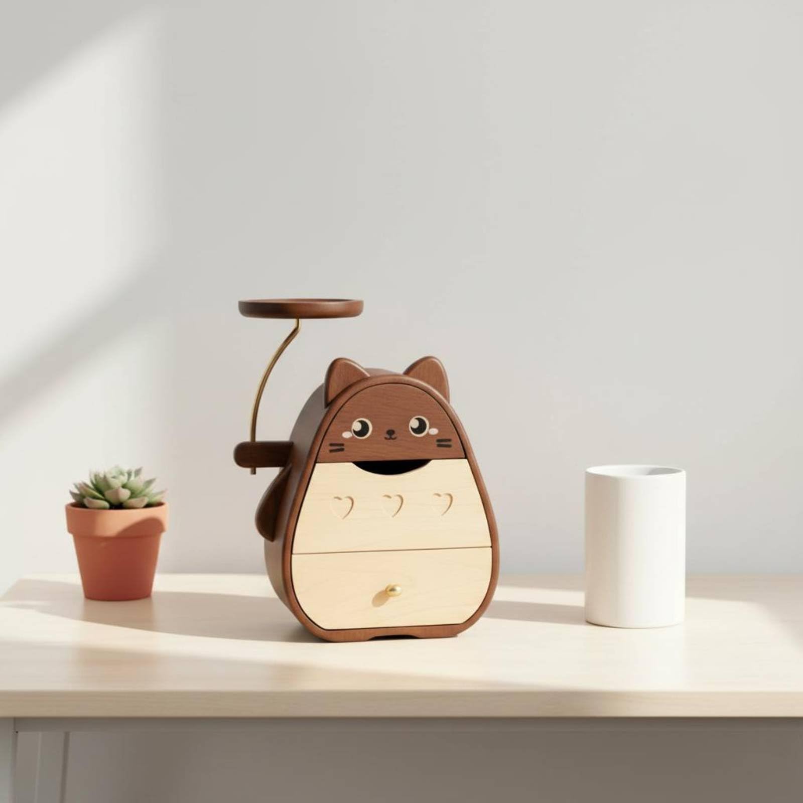 Scatola Organizzatrice da Scrivania in Legno Naturale con Tre Cassetti E Coperchio Superiore per Riporre Oggetti di Tipi con Base in Ferro E Manico Decorativo Adatto per Camera E Ufficio