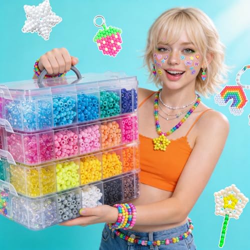 Image of 14000Pcs Pony Beads Kit, 40 Colors Rave Kandi Beads for Bracelet Making Kit with Glow Beads Bulk for Hair Braiding Large Hole DIY Keychain Jewelry Making Craft Kits (Jumbo Kit, 9.2LB)