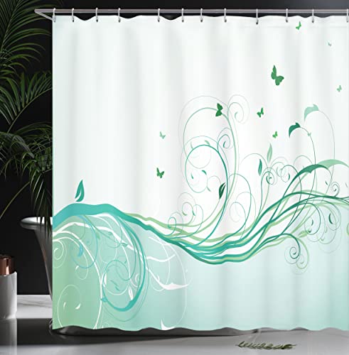 ABAKUHAUS Turquoise Shower Curtain, Illustration Floral Victorian Style Curvy Lines Wave Butterfly Design - Image 3
