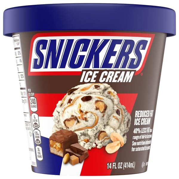 SNICKERS Ice Cream Reduced Fat Vanilla Ice Cream, Caramel, and Snickers Candy Bar Pieces, 14 Oz