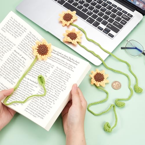 CRASPIRE 4Pcs Sunflower Bookmark Flowers Crochet Bookmark Floral Bookmarks Handmade Knitted Gifts Curtain Pendant Car Ornaments for Readers Book Lovers Writers Classmate Friend Gifts - Image 3
