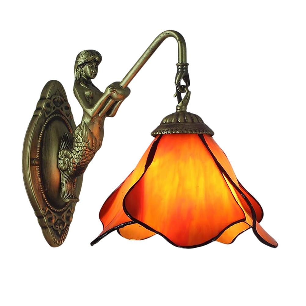 Dualbao Solid Color Blue Pink Clear Stained Glass Wall Sconce Lamp, Tiffany Style Vintage Flower Shade Wall Light for Bathroom Vanity Bedroom Bedside Reading Hallway Garage,Orange