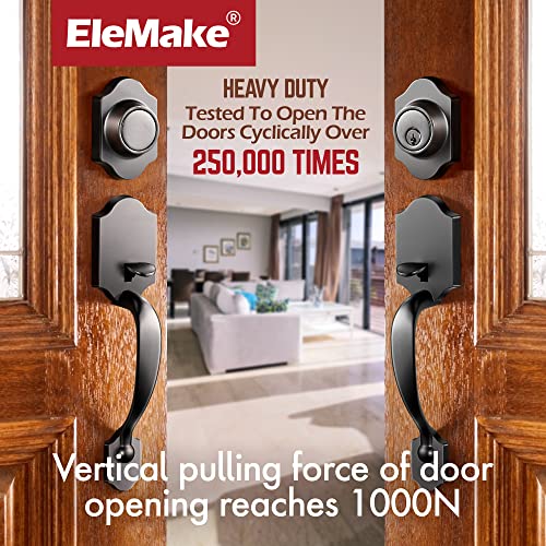Elemake Front Door Handle Set - Double Front Door Entry Handleset With Deadbolt Lock, Keyed Entry Handle And Dummy Lock Set, Black Orb Matte Plating All Zinc Alloy Reversible Door Lever Set #TOP1