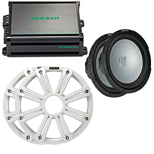 Kicker - Two 12 Inch LED Marine Subwoofers in White, 1 Pair with 600 Watt Amplifier Bundle