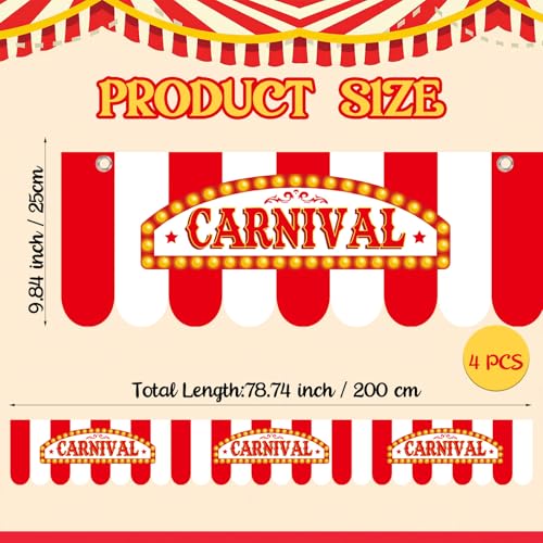 Image of 4 Pcs Carnival Awning Decorations Circus Tent Wall Decor Hanging Banners Red and White Stripe Canopy Stand Sign Circus Carnival Theme Party Supplies, 9.84 x 78.74 (Elegant)
