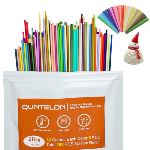 Upgraded 20cm Length 3D Pen PCL Filament Refills Less Reloading 32 Colors 160 PCS Low Temp Safe Only Compatible with 3Doodler Start+ 3D Pen for Drawing & DIY Art Projects