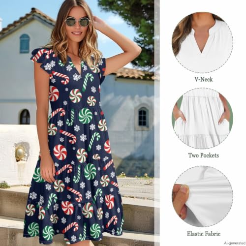 Image of Women's Casual Ruffle Sleeve Dress V Neck Pullover Dress Flowy A-Line Pleated Lightweight Dress with Pockets