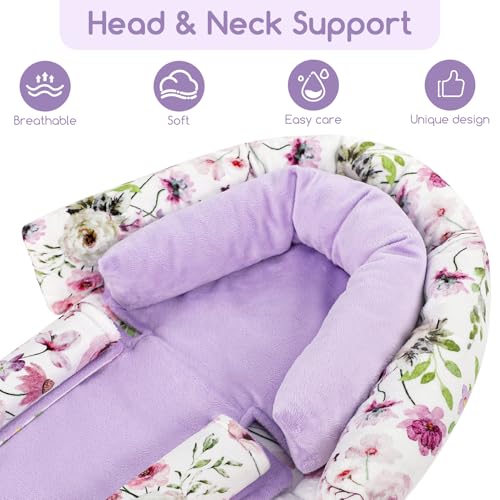 Image of GFU Baby Car Seat Head Support for Newborn, 2 in 1 Infant Car Seat Head Body Support with Strap Pads, Soft Stroller Cushion Pillow Insert for Girls and Boys, Fits for Stroller, Swing, Purple Floral