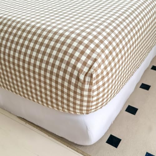 Image of Mucalis Tan Gingham Fitted Sheet Queen Only Deep Pocket 16 Inch 100% Washed Cotton Beige Plaid Checkered Bottom Sheet,Soft,Breathable,Easy Care