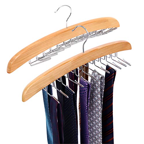 Ohuhu Wooden Tie Hanger, Rotating Twirl 24 Ties Organizer Rack, Neck Tie Holder