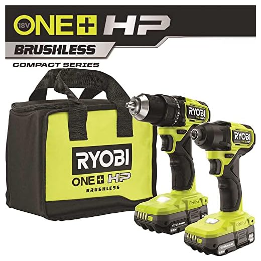Ryobi ONE+ HP 18V Brushless Cordless Compact 1/2 in. Drill and Impact Driver Kit with (2) 1.5 Ah Batteries, Charger and Bag