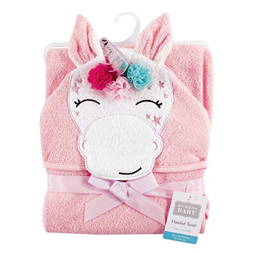 Image of Hudson Baby Unisex Baby Cotton Animal Face Hooded Towel, Whimsical Unicorn, One Size