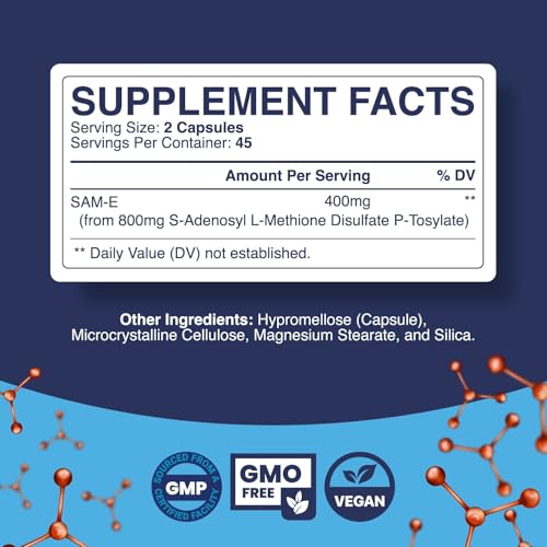 Pure SAM E Supplement 400mg - Nootropic SAM E 400mg Per Serving for Memory & Brain Support, Joint & Liver Health - Natural S-adenosylmethionine for Mood Balance - 90 Capsules - Thumbnail 2