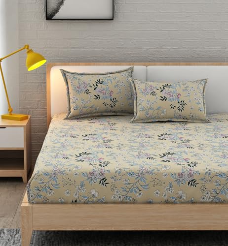 Linencasa Home Premium King Size Fitted Bedsheet with 2 Pillow Covers | Glace Cotton | 240 TC | Soft & Breathable Fabric | Floral Print | Double Bed Bedsheet | Misty Flower