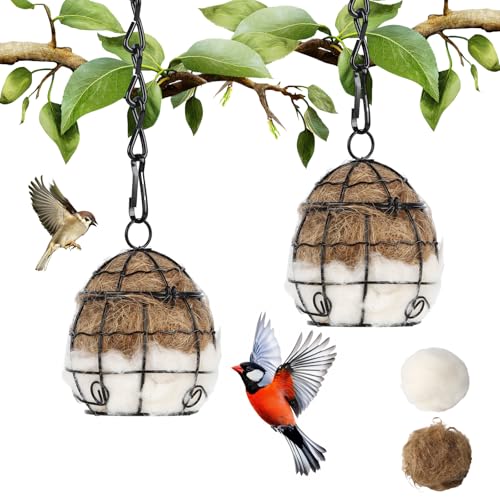 2Pcs Bird Nesting Material Holders with Natural Mixing Cotton Materia for Wild Birds Nesting Station Refillable Hummingbird Nesting Material Cage Holder for Bird Lover Hummingbird House Material