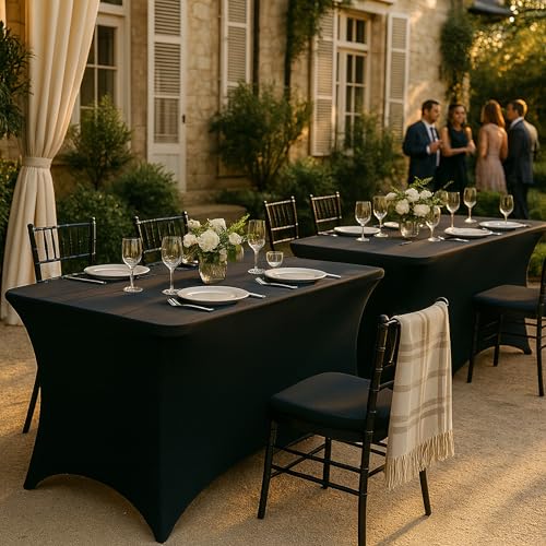 White Classic Black Spandex Table Covers 6ft, 2 Pack - Elegant, Durable, Stretchy 6ft Table Cover Fitted, Wrinkle and Stain Resistant, Elastic Leg Pockets - Image 3