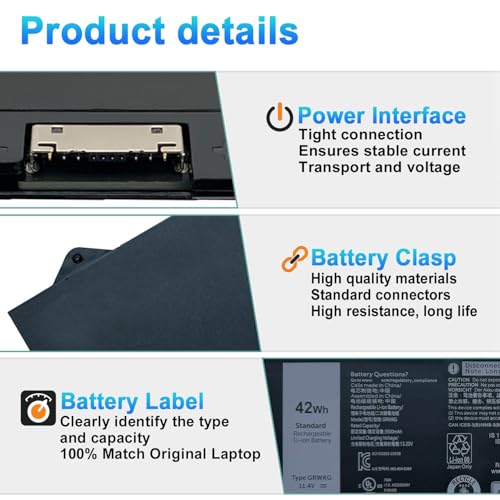 Image of GRWKG Laptop Battery for Dell Latitude 3340 3440 3540 5340 | for Dell Latitude 5340 2‑in‑1 Precision 3480 3490 P127F P127F001 P169G P181G P181G001 Series JTG7N V7TXF DR02P 11.4V 42Wh