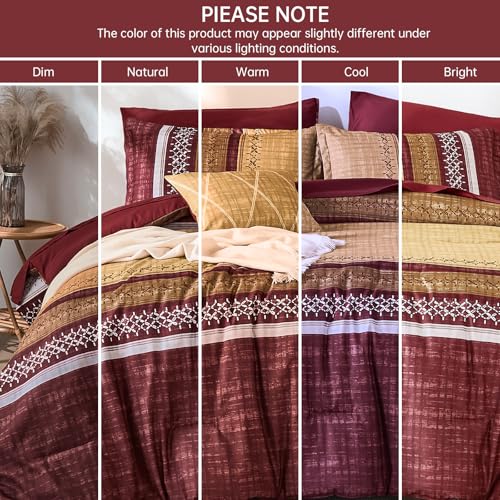 Image of Dintszyayue Burgundy King Comforter Size Set, 8 Pieces Boho Striped Texture Bed in a Bag Sets, Lightweight Soft Bohemian Comforter and Sheet Set, All Season Microfiber Bedding Sets for Men Women