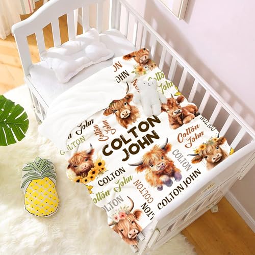 Image of Custom Name Blanket with Cow Pattern, Highland Cow Custom Name Gifts for Boys Girls,Soft Flannel Butterfly Sunflower Print Throw Stuff for Bedroom Sofa Chair Decoration,60 inchx80 inch for Adults