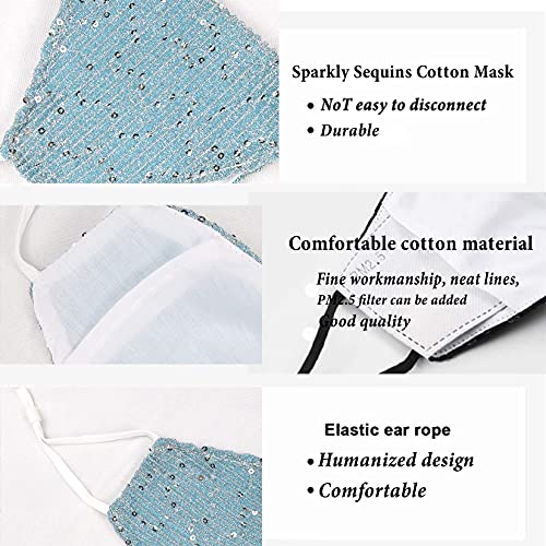 Image of Sparkly Sequins Mouth Masc Fashion Designer Glitter Cotton Face Cover With Adjustable Ear Loops Reusable Masquerade Party Nightclub Rave Festival Sequins Face Covering (Light Blue)