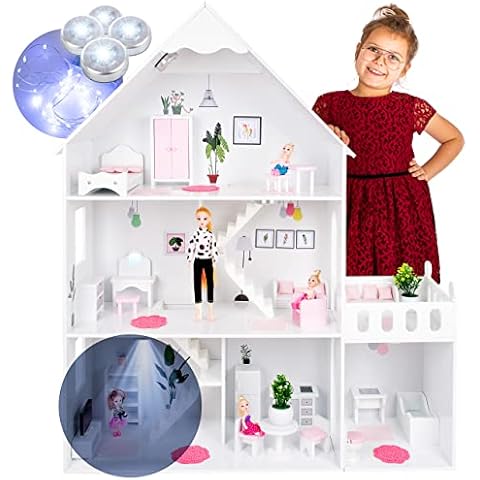 Kinderplay Wooden Dollhouse Large - Large Wooden Barbie Dollhouse, Version with Pink Accessories, 38 Accessories Included, Barbiehauser Wood, Model GS0023B, LED Light (Premium) Cover