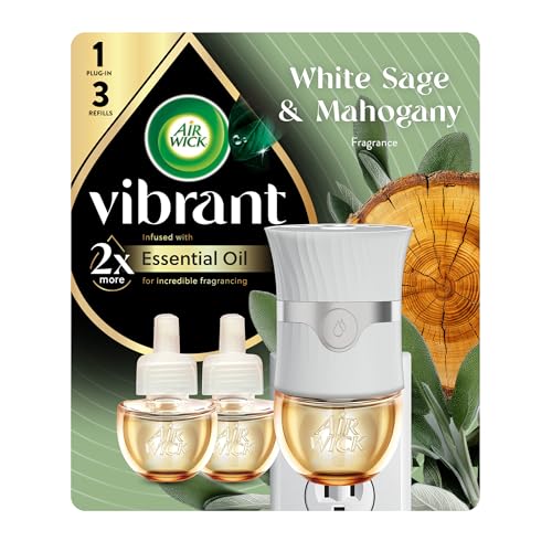 Air Wick Plug In Scented Oil Advanced, 1+3 Starter Kit, Essential Oils, Air Wick Plug Refills, Scent Diffusers, Plug In Air Freshener for Home, Home Essential, White Sage and Mahogany Scent