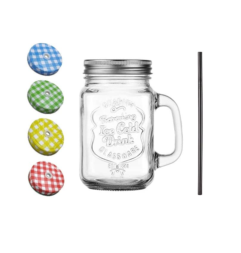 SAVE™ Mason Jar with Black Stainless Steel Straw and handle | Stylish Embossing Design | 450 ml | Multicolour Lid with Hole (Straight Straw)