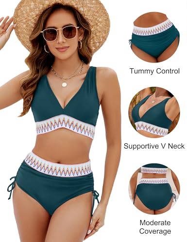 Image of Blooming Jelly Women High Waisted Bikini Sets Tummy Control Swimsuits Color Block Two Piece Drawstring Bathing Suit