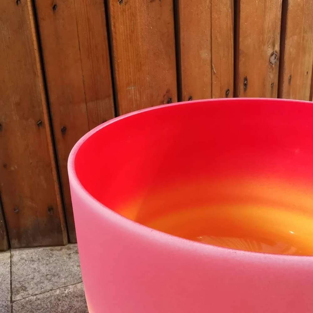 XBTGS Campana tibetana per chakra dell'ombelico da 25,4 cm, in quarzo satinato, colore rosso e giallo, per meditazione yoga, meditazione, con nota a D arcobaleno, ciotola + borsa