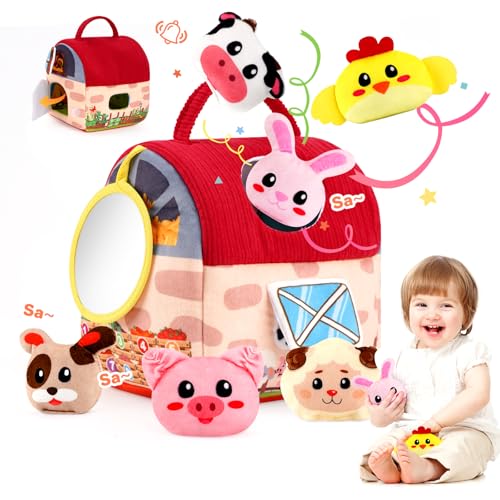 Jouet Bébé 6-12-18-24 Mois – Grange Fermière Sensorielle avec Peluches Animaux, Sonnette & Miroir – Jouet Montessori pour Motricité Fine et Développement 1-2 Ans
