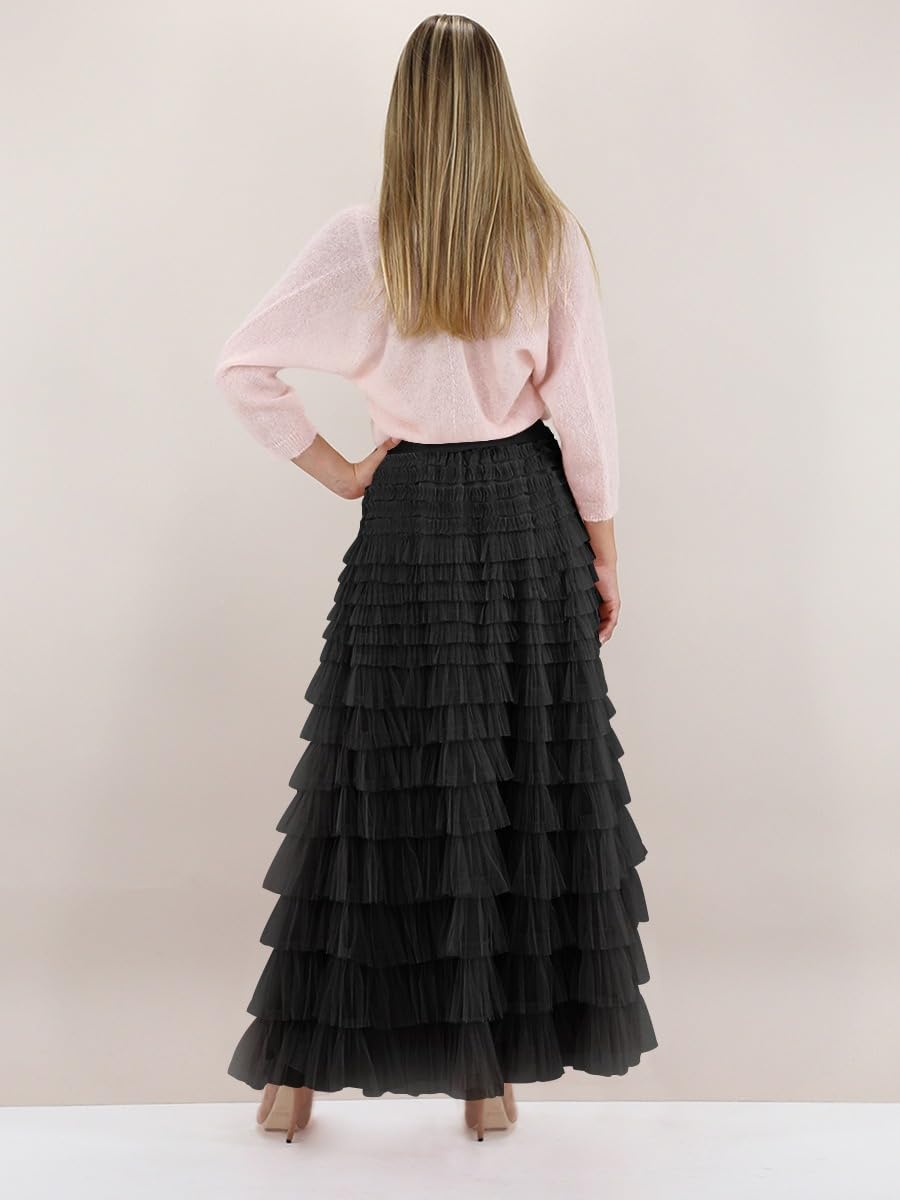 Comfy Stylish Women's Tiered Tulle Maxi Skirt - Sheer Mesh Aline Flared Elastic Waist Long Skirt - Party Wear - Image 3