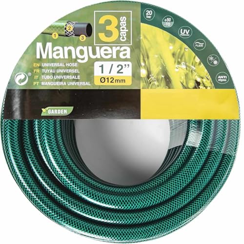 Manguera de jardín, Manguera de agua elástica y flexible, Fabricada en tela cruzada de poliéster, presión de rotura de 20 bar, 3 Capas, Diámetro 1/2" (12 mm), Verde, Longitud de 15 Metros