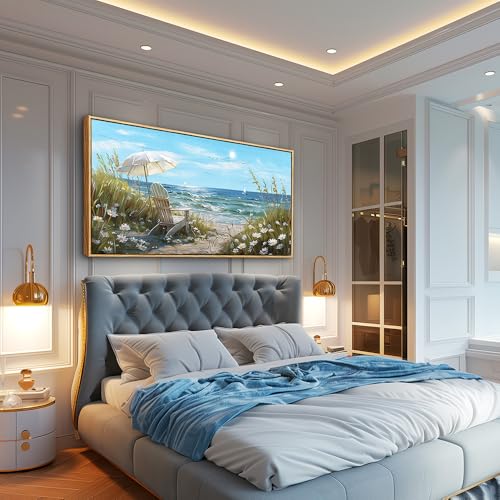 ERQINHUA Large Canvas Wall Decor For Living Room Wall Art For Bedroom Office Decor Blue Sea Ocean Paintings Beach Chair Wall Pictures Artworks Modern Home Decor Ready To Hang 30x60 In Wood Framed