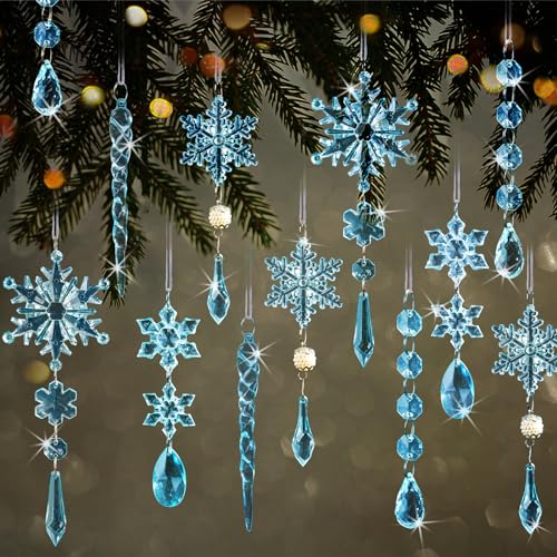 Image of 18pcs Crystal Christmas Ornaments for Christmas Tree Decorations-Blue Hanging Acrylic Snowflake and Icicle Ornaments with Drop Pendants for New Year Party Decorations Supplies