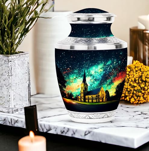 Image of Church Steeple Night Large Urns For Human Ashes Adult Male - Customized Adult Urns - Unique Cremation Urn For Ashes Dad - Personalized Urn For Ashes For Women - 10 Inch Large With Velvet Bag
