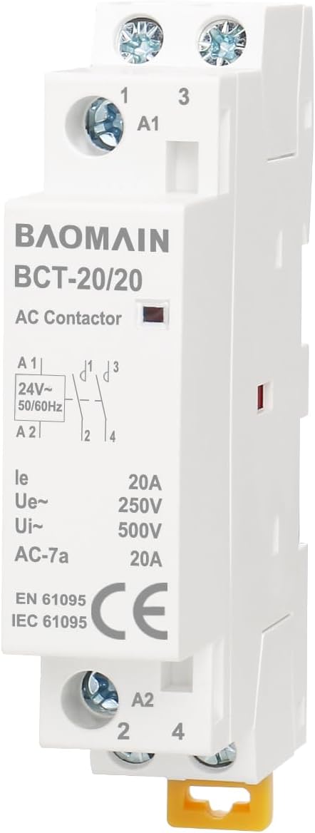 24V AC 2-Pole Modular Contactor, 20A 2NO Normally Open, DIN Rail Mount for HVAC, Motor, Pump & Lighting Control BCT-20/20-24VAC