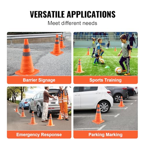 VEVOR Sicherheitskegel Verkehrshütchen, 4 Stk. Zusammenklappbare Verkehrskegel, 245 x 245 mm Baukegel mit Reflektierenden Kragen, Warnkegel mit Aufbewahrungstasche, Verkehrskontrolle, Parkplätze