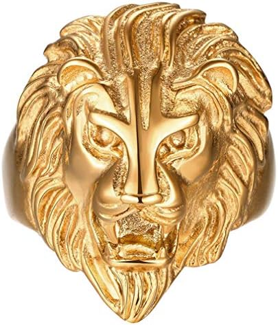 Men's Vintage 316L Stainless Steel Gold Lion Head Rings Heavy Metal Rock Punk Style Gothic Biker Ring Size 10