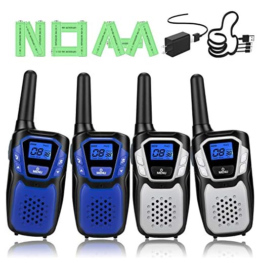 Walkie Talkies Rechargeable, 4 Pack Easy to Use Long Range Walky Talky for Adult Handheld Two Way Radio with NOAA for Hiking Camping (2Blue & 2Silver with Regular Micro-USB Charger/Battery/Lanyard)