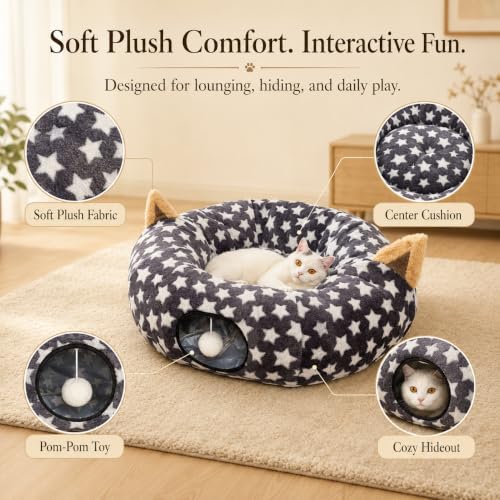 Image of Large Cat Tunnel Bed Under Christmas Tree with Fluffy Toy Balls, Small Cushion and Flexible Design- 10 inch Diameter, 3 ft Length- Great for Cats, and Small Dogs, Gray Star Pattern