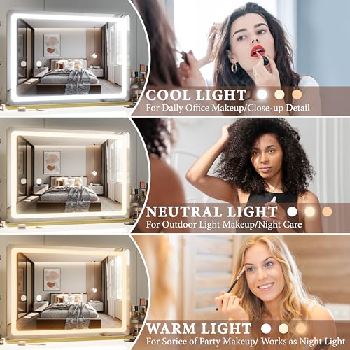 FENNIO Vanity Mirror with Lights 32"x22", Lighted Makeup Mirror, Large Vanity Mirror with Lights, Touch Sensor with 3 Color Lighting,USB Charging Port for Vanity Desk Tabletop(Gold)