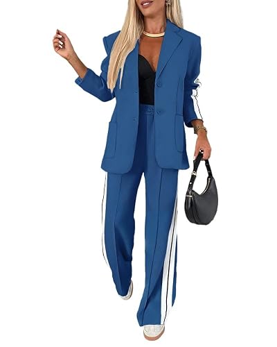 CHICME Women's 2 Piece Set Side Striped Work Blazer Wide Leg Pants Suit | Comfy Textured Fabric, Flattering Elastic Wais