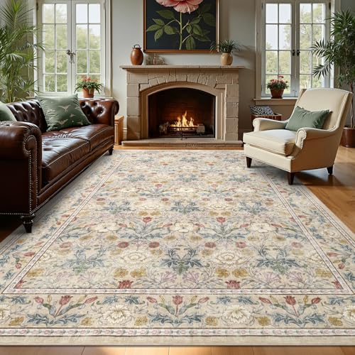 Image of GarveeHome Area Rugs 8x10 for Living Room, Beige Floral Large Washable Rug Soft Non Slip Carpet Indoor Thin Accent Rug for Bedroom Dining Room Playroom Nursery Home Decor