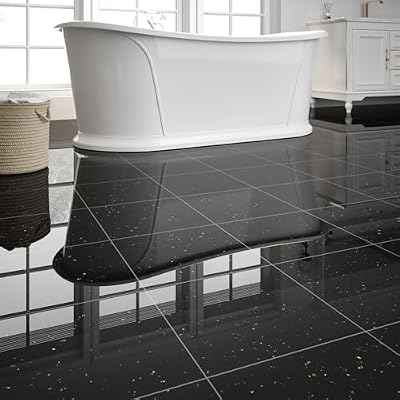 20-Pack 20 Sq.Ft Peel and Stick Floor Tiles Vinyl Glossy Pattern Flooring, 12” x 12” Self Adhesive Vinyl Flooring DIY for Kitchen, Bathroom, Laundry, Polish Black Galaxy Marble