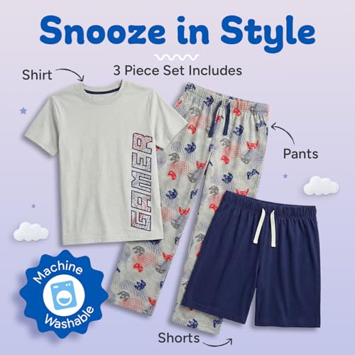 Image of US Angels Boys Pajamas Set | 3-Piece Pant, Shirt, Shorts Sleepwear Pjs for Kids | Loose Fit, Soft, Breathable Blue Plaid