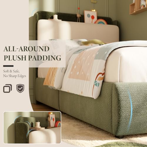Image of Garvee Twin Size Bed Frame with Shelf & Drawers for Kids- Green & Beige