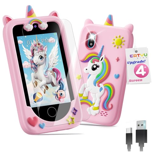 ERTYU Kids Phone Toys for Girls Ages 3-7 with 4 Touchscreen Childrens Mini Phone for Kids Learning Play Toy Phone with Dual Camera Game Music Player Gifts for Girls Birthday Travel Christmas