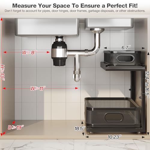 Image of 2 Pack 18.5IN-Depth Under Sink Organizer With Next-Gen Ball-Bearing Slides,2-Tier Precision Mesh Pull Out Cabinet Storage for Bathroom&Kitchen,Height Adjustable Drawers Shelf,Anti-rust-Black